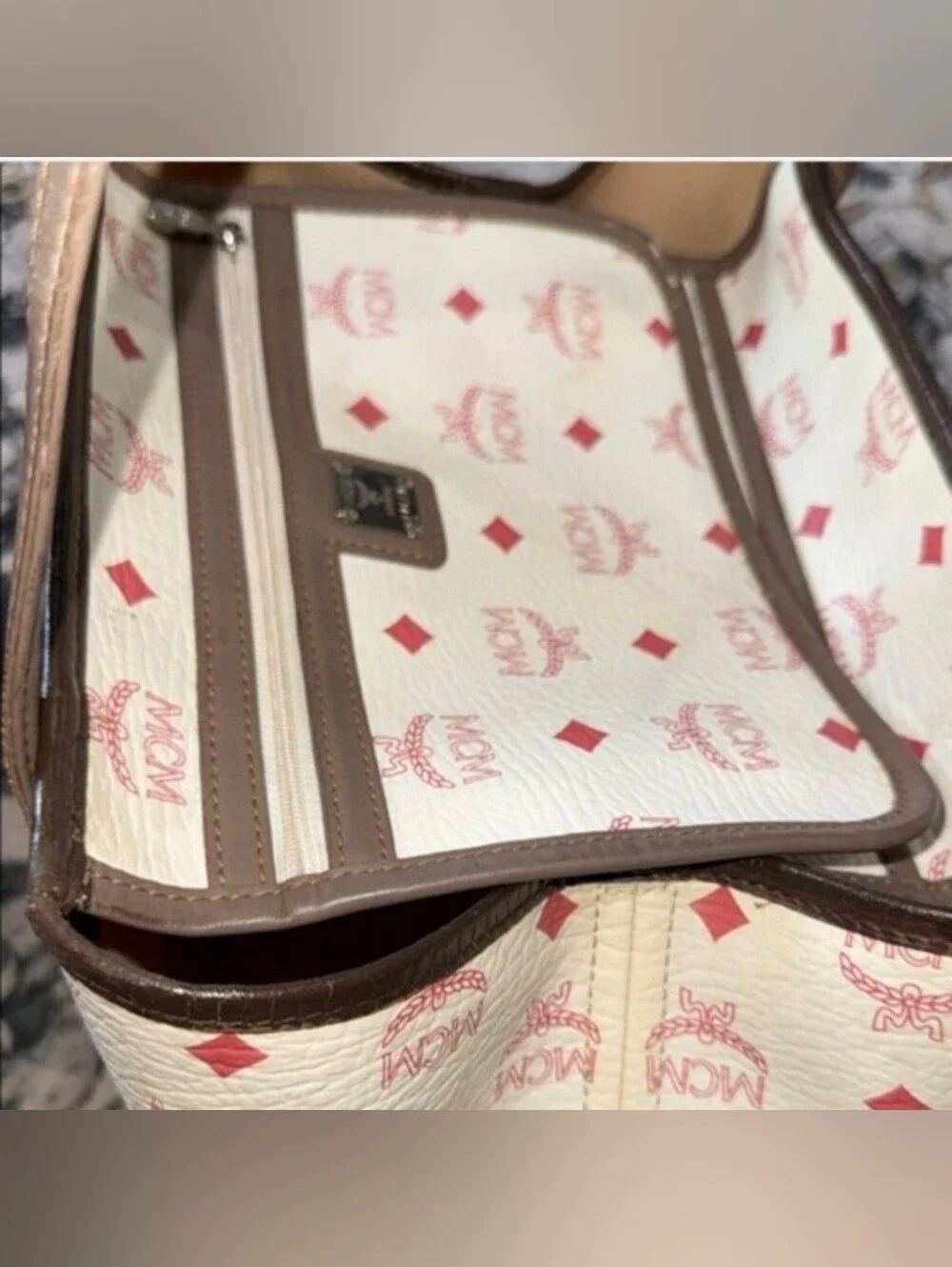MCM White Pink Logo Canvas Tote with Multicolor Accent Stripes